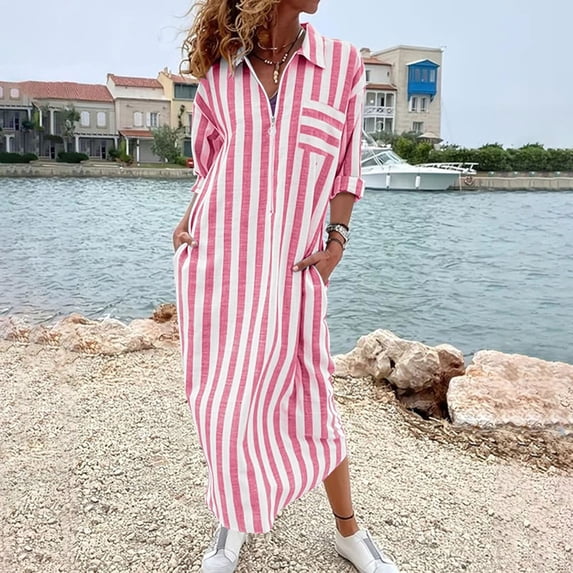 QUNYINEY A Line Womens Dresses Fall Long Long Sleeve Striped Shirt Dress with Pockets Casual Loose Fit Collared Button Dresses