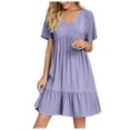 thumbnail image 1 of QUNYINEY A Line Womens Dresses Solid Summer Short Sleeve Midi Dresses V-Neck Flowy Pleated Loose Fit Dresses, 1 of 8