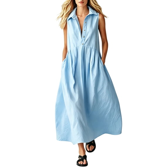 QUNYINEY A Line Womens Dresses Summer Long Blue Sleeveless Cotton Sundress Loose Fit Casual with Pockets Collared Button Dresses