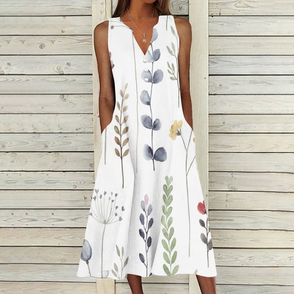 QUNYINEY A Line Womens Summer Dresses Plus Size Sleeveless Midi Floral Sundress Loose Fit Button with Pockets V Neck Dresses S-3XL