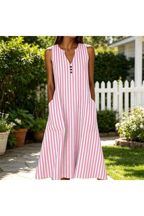 A Line Womens Sun Dresses Sleeveless Long Summer Striped Tank Dress with Pockets V Neck Drop Shoulder Loose Fit Button Dresses