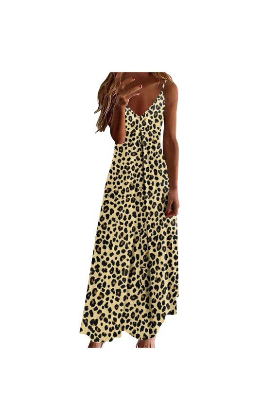A Line Womens Sundress Leopard Print Vacation Sleeveless Long Dresses Loose Fit V-Neck Beach Flowy Slip Dress