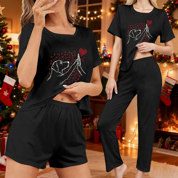 QUNYINEY Animal Print Womens Winter Pajama Sets 3 Piece Love Heart Short Sleeve Soft Top and Pants Crew Neck Loose Fit Women Loungewear Set