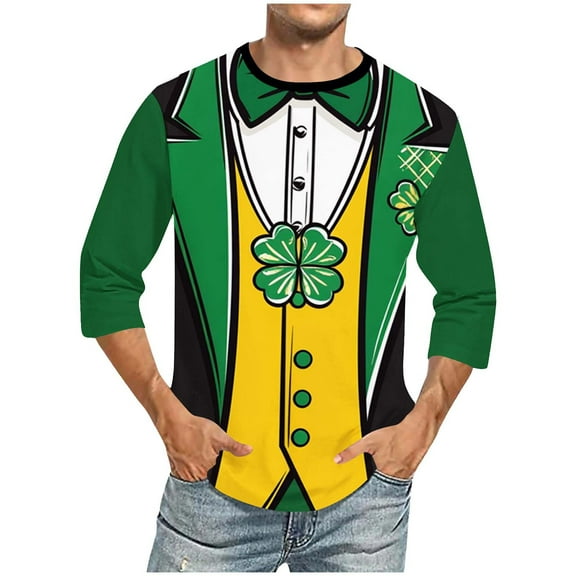 QUNYINEY Athleisure Men T Shirts St Patricks Day 3/4 Sleeve Green Crew Neck Tops Pullover Loose Drop Shoulder Workout Shirts for Men