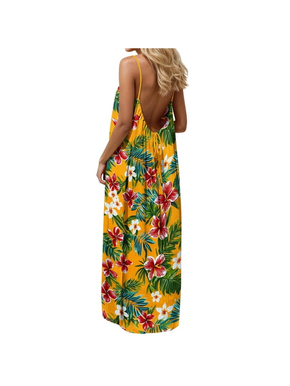 Backless Sundresses for Women Beach Hawaiian Sleeveless Long Dresses Loose Fit Crew Neck Vacation Slip Dress
