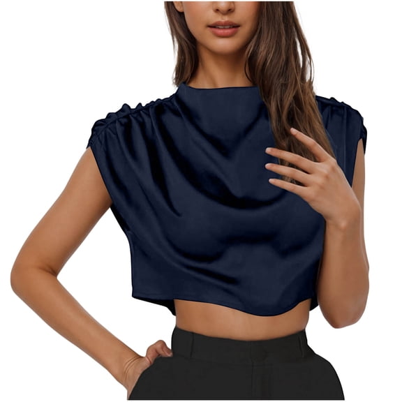 QUNYINEY Batwing Sleeve Womens Summer Tops Solid Crew Neck Casual Shirts Loose Satin Crop Tops