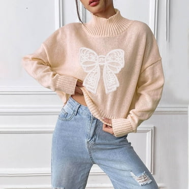 QUNYINEY Beige Sweater for Women Bow Embroidered Pullover Mock Neck Knit Tops Long Sleeve Regular Casual Lightweight Sweaters