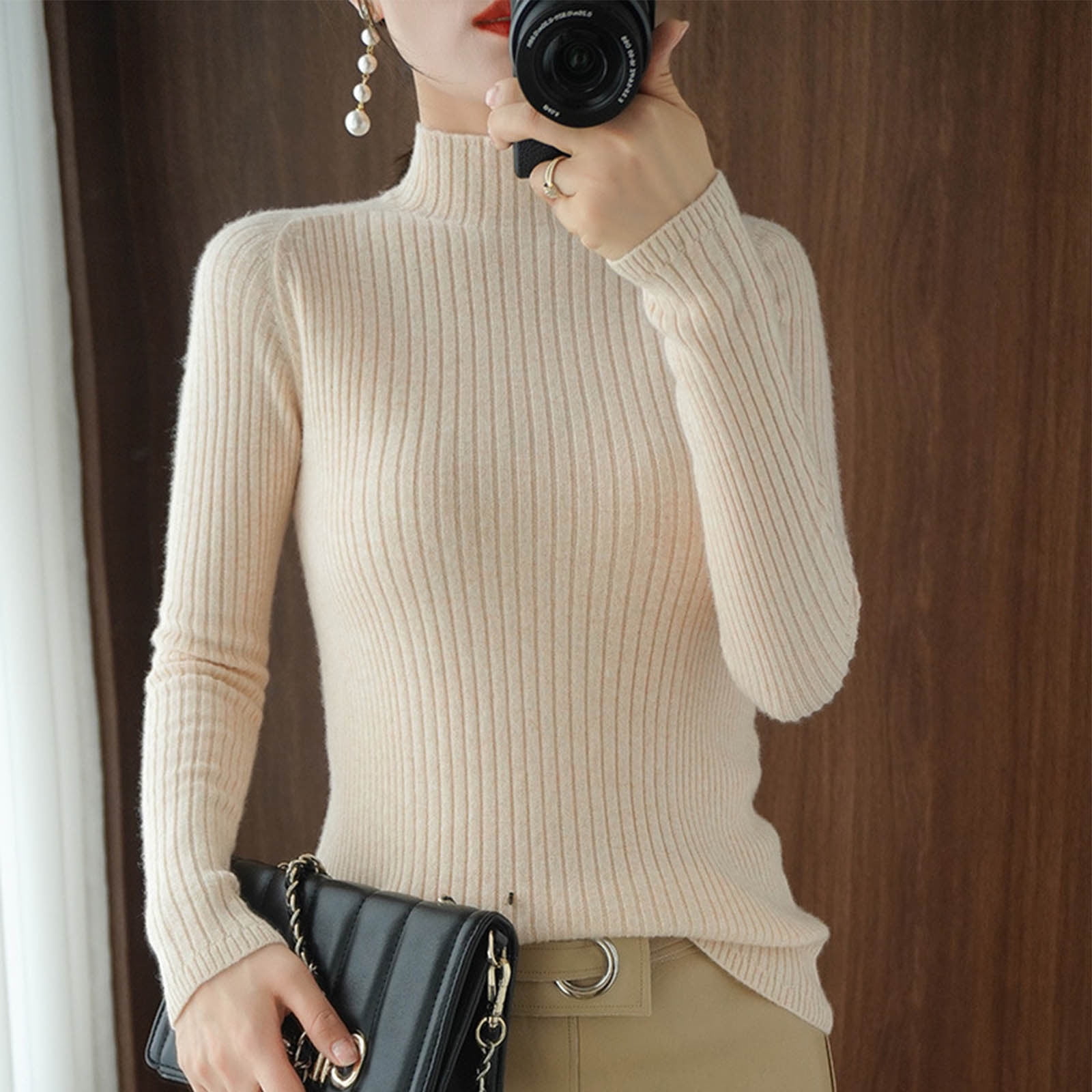 QUNYINEY Beige Sweaters for Women Trendy Pullover Mock Neck Ribbed Knit ...