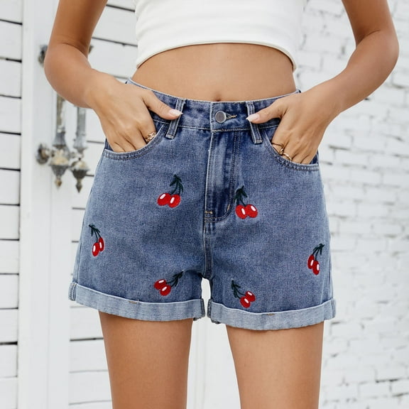 QUNYINEY Bermuda Denim Shorts Women Cherry Comfort Waist Casual with Pockets Slim Button Shorts