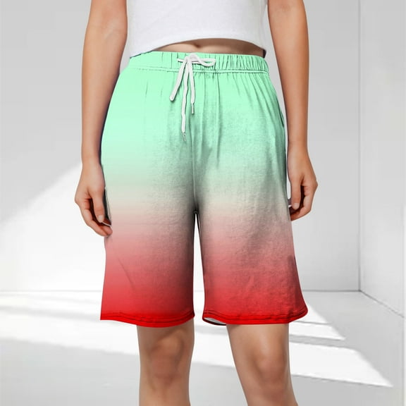 QUNYINEY Bermuda Women's Shorts Elastic Waist Gradient Casual Drawstring with Pockets Relaxed Fit Shorts