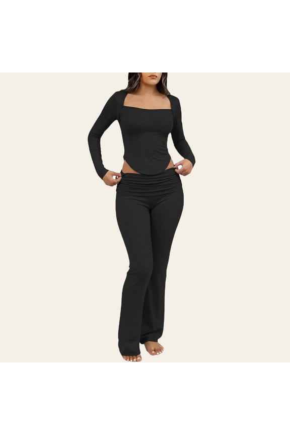 Black Cute Pajama Sets for Women 2 Piece Long Sleeve Comfy Top And Pants Casual Square Neck Softies Loungewear Set for Women