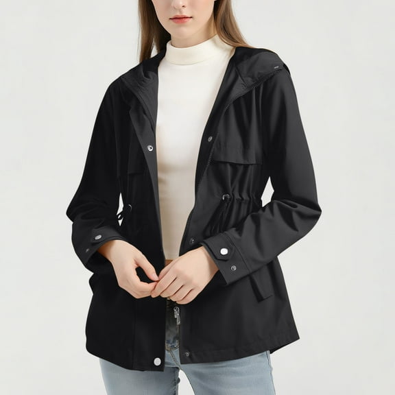 QUNYINEY Black Fall Jacket Women Windbreaker Zip Up Hooded Casual Outwear Long Sleeve Loose Fit with Pockets Mid-Length Winter Coats for Women