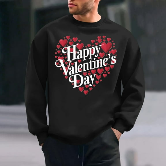 QUNYINEY Black Men's Sweatshirts Casual Long Sleeve Valentine's Day Crew Neck Tops Loose Drop Shoulder Sweatshirts