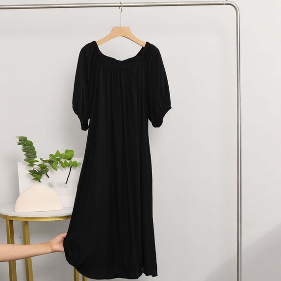 QUNYINEY Black Moo Moos for Women Nightgown Pleated Cotton Puff Short Sleeve Nightdress Crew Neck Long Comfy Womens Loungewear