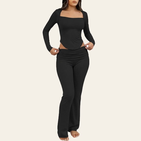 QUNYINEY Black Pajama Set Women Comfy Long Sleeve 2 Piece Top And Pants Square Neck Casual Womens Cozy Loungewear Set