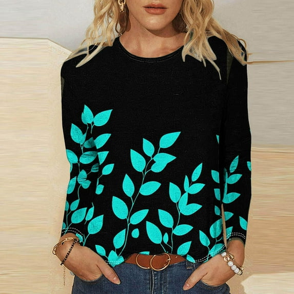 QUNYINEY Black Tshirts Shirts for Women Leaf Long Sleeve Crew Neck Casual Tops Pullover Loose Graphic Tees