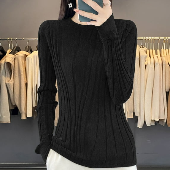 QUNYINEY Black Women Sweaters Crew Neck Ribbed Knit Pullover Solid Tops Long Sleeve Slim Casual Sweaters