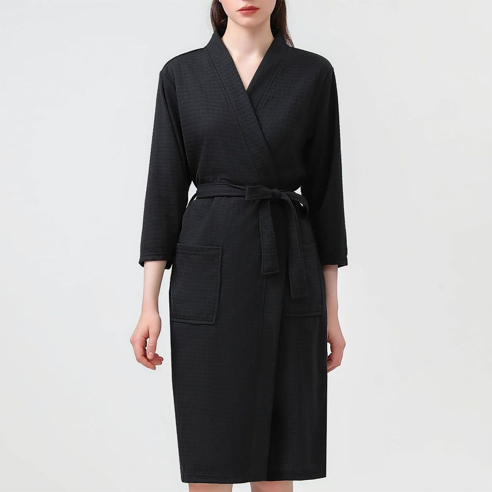 Heavyweight Robe QUNYINEY Black Women's Robes Solid Bathrobe Long Waffle Sleepwear ...