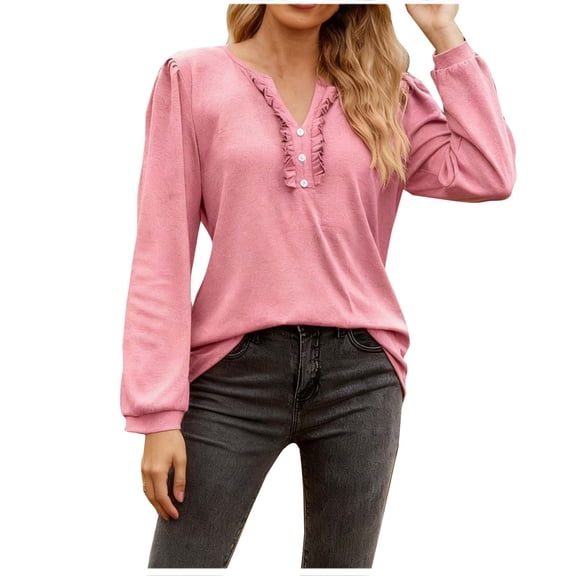 QUNYINEY Blouses for Women Casual Long Sleeve Pink Pleated Dressy Button Tunic Tops V Neck Pullover Loose Fit Women Shirts
