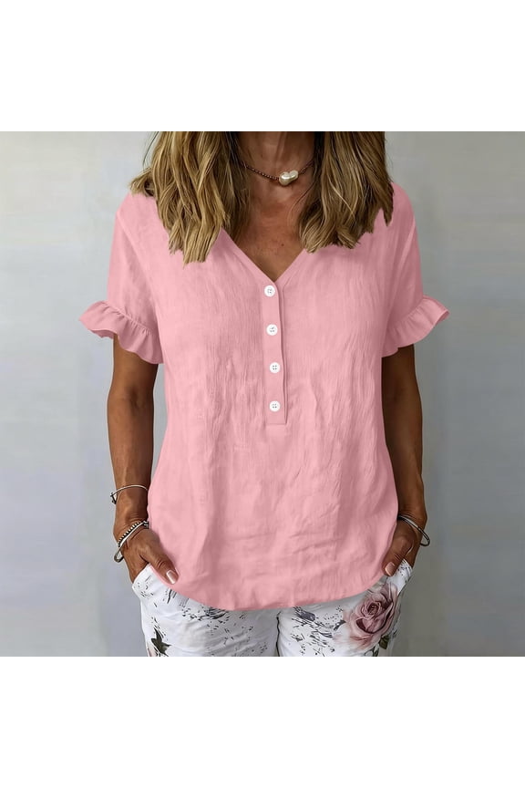 Blouses for Women Short Sleeve Shirts Casual Pink Cotton Linen Summer Shirt Relaxed Fit Ruffle V Neck Pullover Women's Tops