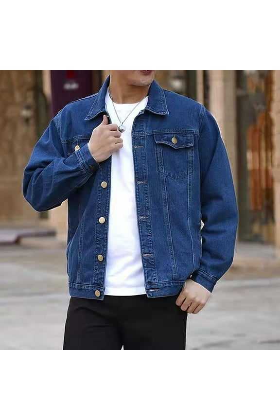 Blue Mens Jean Jacket Long Sleeve Denim Solid Trucker Coat Slim Button Down Multiple Pockets Outerwear Jackets