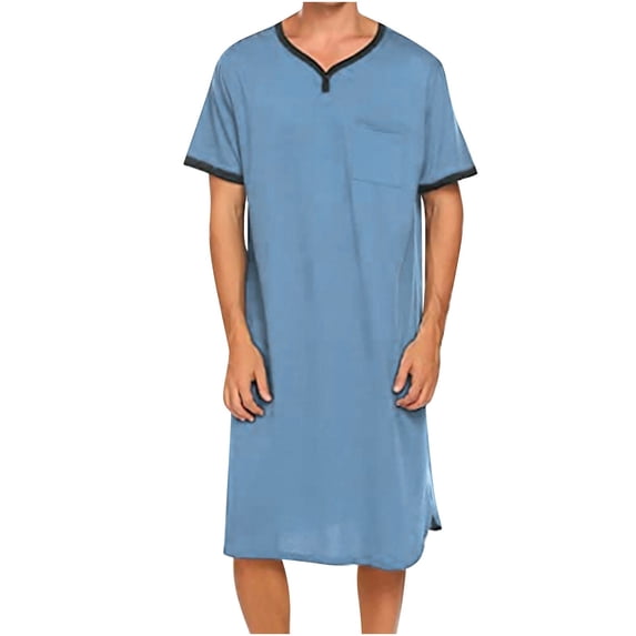 QUNYINEY Blue Nightshirt Nightgown for Men Long Short Sleeve Loungewear Sleeping V Neck Loose Fit Soft Mens Nightgown