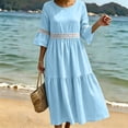 thumbnail image 1 of QUNYINEY Blue Plus Size Dresses for Women Faux Cotton Linen 3/4 Sleeve Long Casual A Line Dress Crew Neck Flowy Lace Loose Fit Dresses, 1 of 8