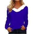 thumbnail image 1 of QUNYINEY Blue Shirts for Women Casual Long Sleeve Colorblock Fur Trim V-Neck Tops Drop Shoulder Pullover Slim T-Shirts, 1 of 3