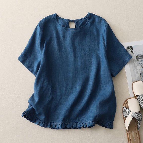 QUNYINEY Blue Shirts for Women Trendy Short Sleeve Linen Casual Tops Loose Ruffle Hem Pullover Crew Neck Classic T-Shirt