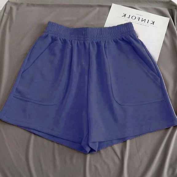 QUNYINEY Blue Shorts for Women Casual High Waist Bermuda Shorts Loose Cotton Wide Leg Elastic Waist Shorts