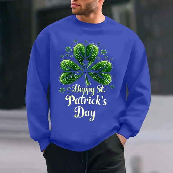 QUNYINEY Blue Sweatshirt Men St Patricks Day Casual Long Sleeve Crew Neck Tops Drop Shoulder Pullover Loose Sweatshirts