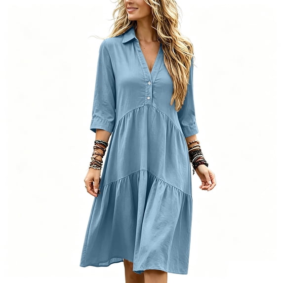 QUNYINEY Blue Women's Casual Dresses A Line Midi 3/4 Sleeve Shirt Dress Button Flowy Collared Loose Fit Dresses