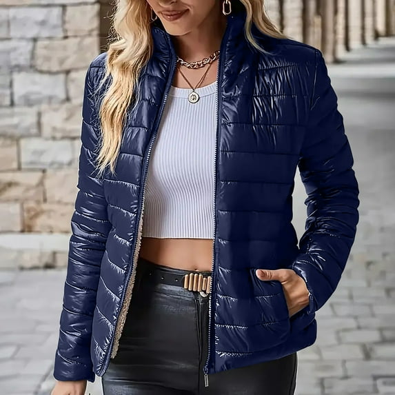 QUNYINEY Blue Women's Jackets Solid Zip Up Casual Puffer Lightweight Jacket Short Long Sleeve Stand Collar Slim Warm Hoodless Coats