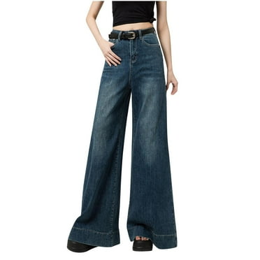 QUNYINEY Blue Women's Jeans Wide Leg High Waisted Zipper Casual Denim Pant Relaxed Fit Comfort Waist Blue with Pockets Jean