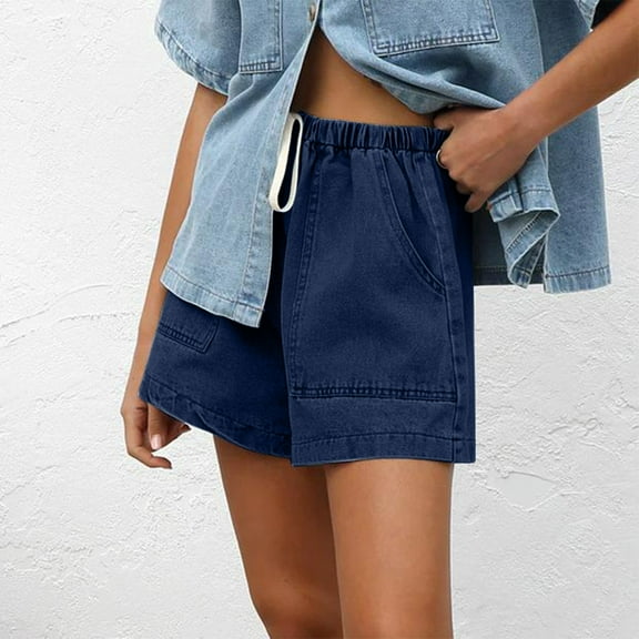 QUNYINEY Blue Womens Denim Shorts Wide Leg Mid Rise Casual Bermuda Shorts Summer Drawstring Elastic Waist Relaxed Fit Jean Shorts