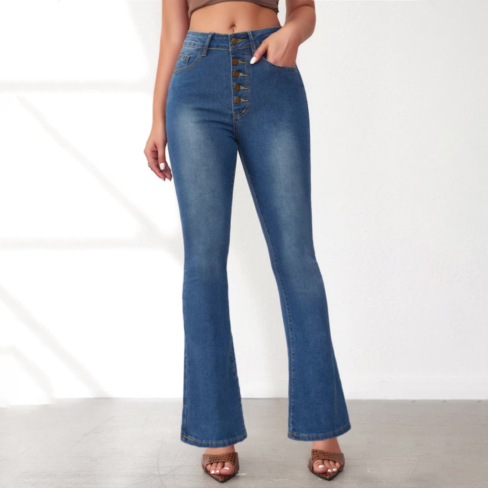 Women's Washed Blue High Waisted Flared Jeans