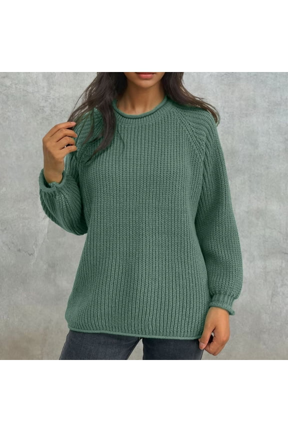 Blue Womens Sweaters Crew Neck Cable Knit Solid Pullover Tops Casual Long Sleeve Regular Sweaters