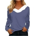 thumbnail image 1 of QUNYINEY Blue Womens T Shirts Fur Trim V-Neck Colorblock Casual Long Sleeve Tops Slim Pullover Drop Shoulder T-Shirts, 1 of 3