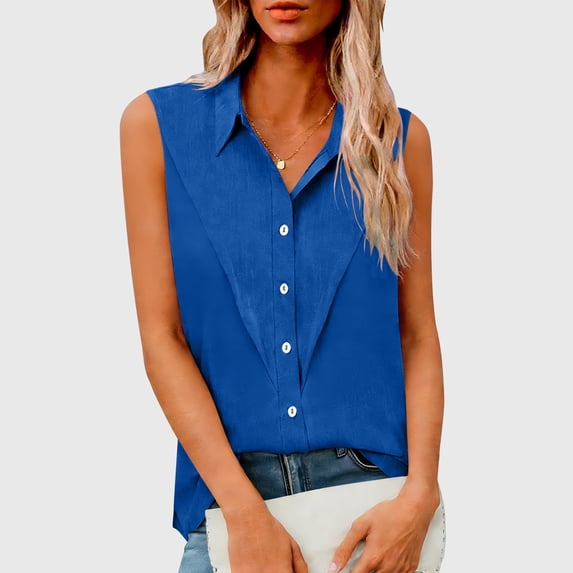 QUNYINEY Blue Womens Tank Tops Cotton Linen Summer Shirts Sleeveless Layering Loose Fit Collared Tops for Women Trendy