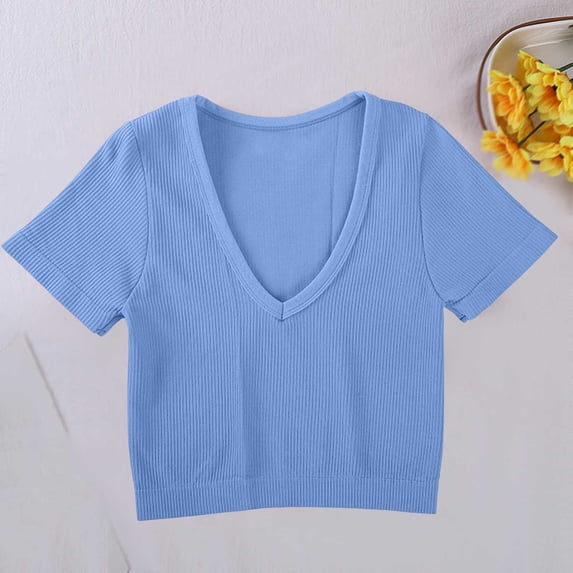 QUNYINEY Blue Womens Tee Shirts Crop Ribbed Short Sleeve Summer Shirt Loose Fit Yoga Casual V Neck Tops
