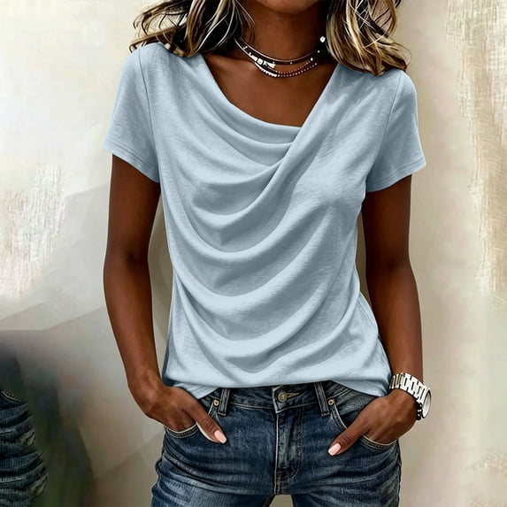QUNYINEY Casual Summer T Shirts for Women Boat Neck Pleated Short Sleeve Tops Soft Loose Fit Solid Pullover Shirts