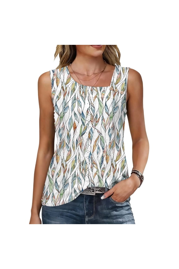 Boho Tank Tops for Women Cutout Loose Fit Tops Button V Neck Sleeveless Vacation Women Shirts