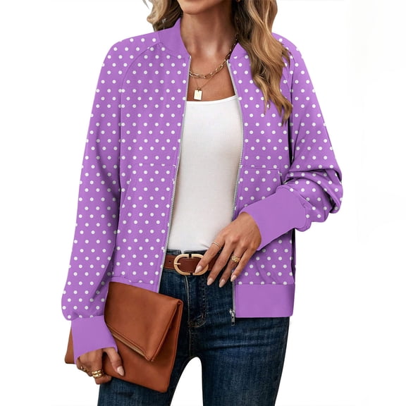 QUNYINEY Bomber Jackets for Women Fall Polka Dot Full Zip Lightweight Sweatshirt Jacket Long Sleeve Stand Collar Loose Fit with Pockets Womens Coat