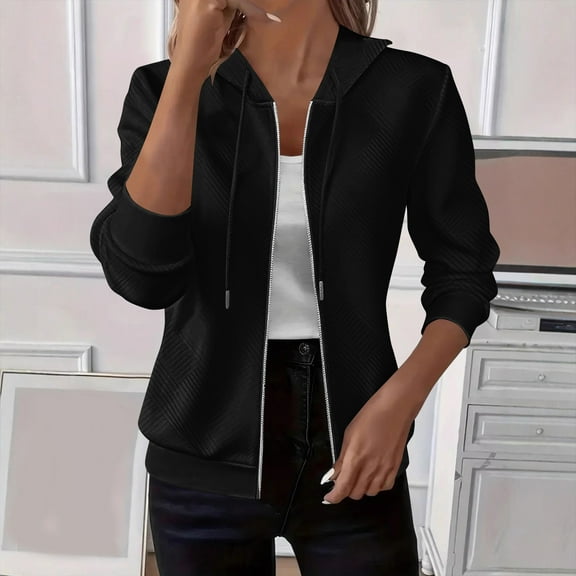QUNYINEY Bomber Jackets for Women Trendy Zip Up Hooded Black Outwear Long Sleeve Drawstring Loose Fit Women Winter Coats