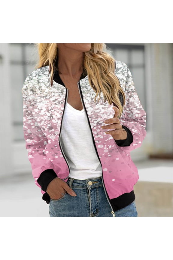 Bomber Womens Jackets Zip Up Pink Gradient Casual Lightweight Jacket Loose Long Sleeve Short with Pocket Hoodless Jacket