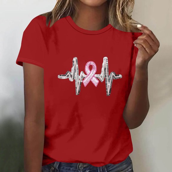 QUNYINEY Breast Cancer Awareness Womens Shirts Short Sleeve Soft Casual Tops Crew Neck Loose Pullover Graphic Tees