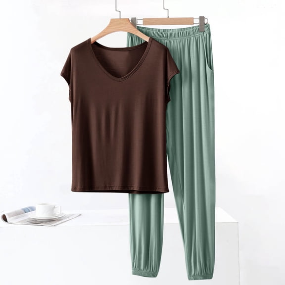 QUNYINEY Brown Pajama Set for Women 2 Piece Modal Soft Short Sleeve Top And Pants Casual V Neck Womens Loungewear Sets