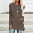thumbnail image 1 of QUNYINEY Brown Shirts for Women Long Sleeve Crew Neck Casual Solid Tops Loose Drop Shoulder Pullover T-Shirts, 1 of 5
