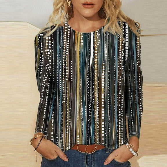 QUNYINEY Brown Tshirts Shirts for Women Striped Crew Neck Casual Long Sleeve Tops Loose Pullover Graphic Tees