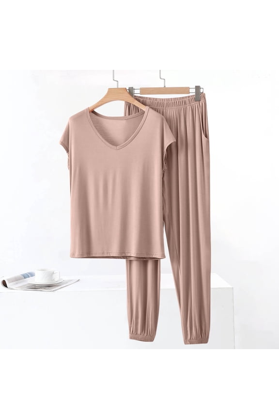 Brown Women Pajama Set 2 Piece Soft Short Sleeve Cotton Top And Pants Casual V Neck Softies Loungewear Set for Women